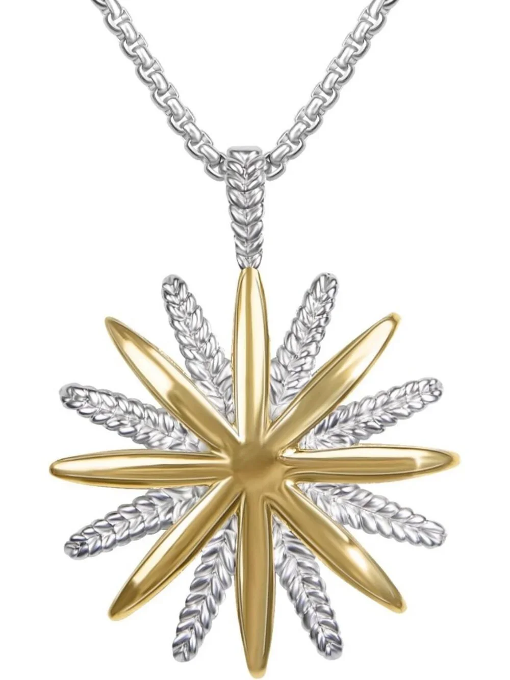18K Gold Plated Two Tone Wheat Chain Necklace with Starburst Sunflower Pendant